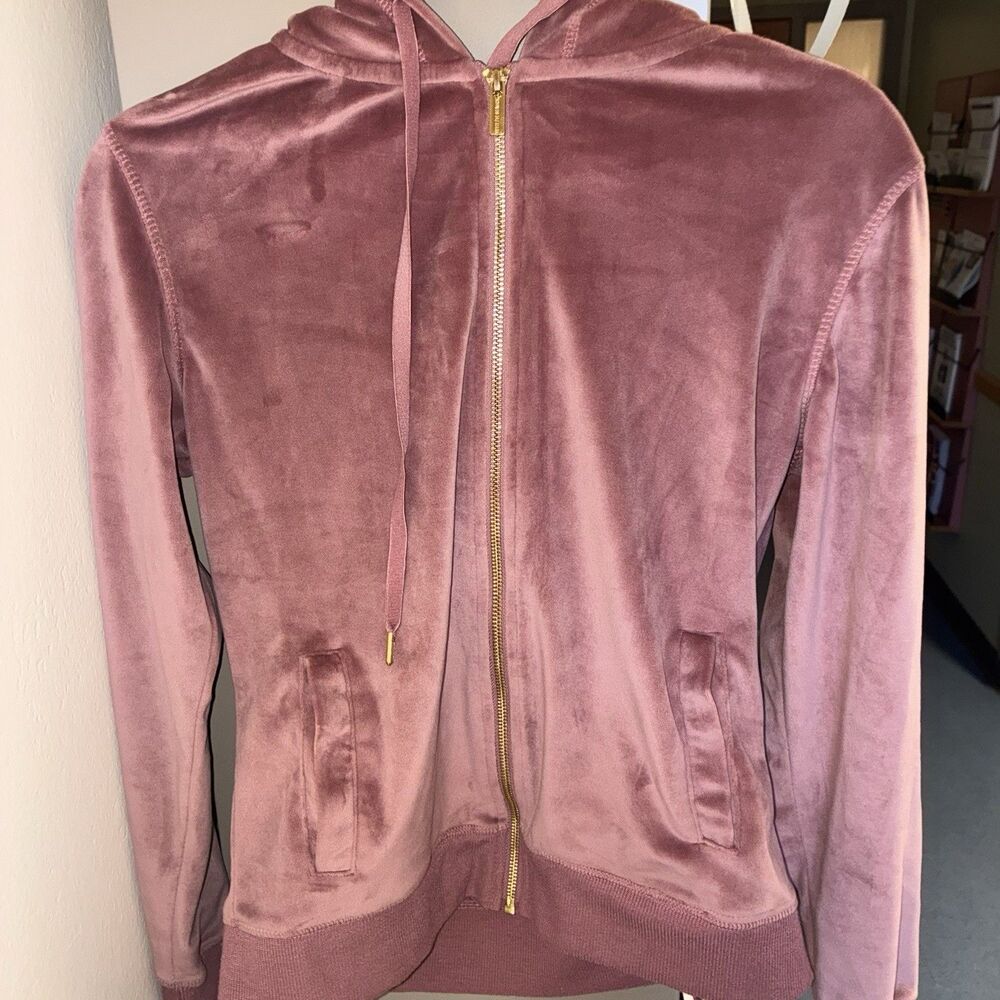 Y2K Lounge White Mark Pink Velour Fitted Gold Zip Track Hoodie Small Mauve Soft